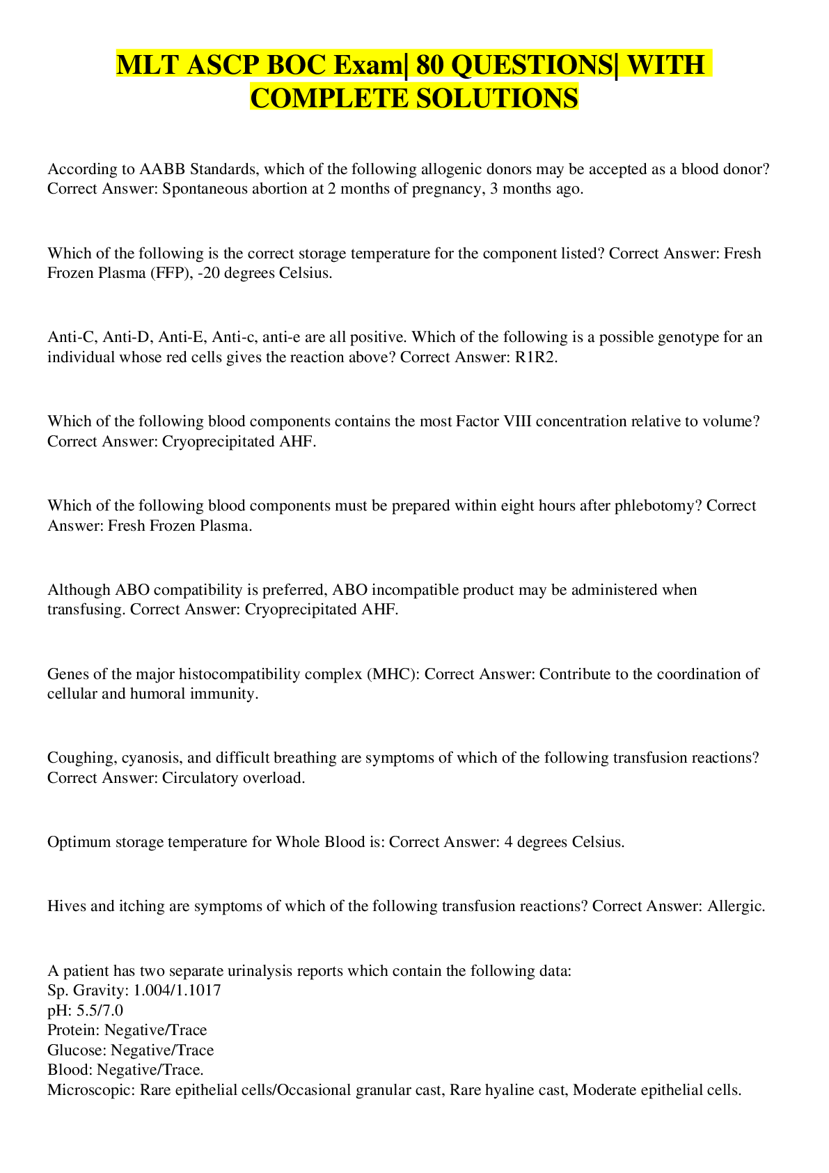 Preview image for MLT ASCP BOC Exam| 80 QUESTIONS| WITH COMPLETE SOLUTIONS